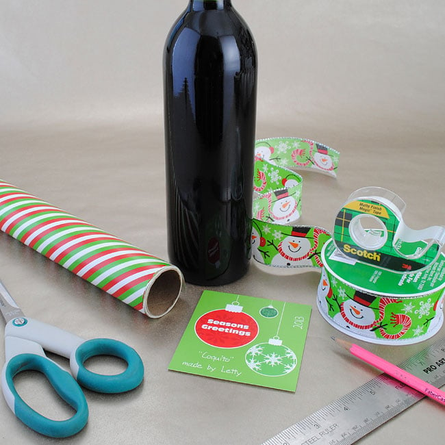 Materials you'll need to assemble for wine gift wrap. The fifth in our series on Gift Wrap Ideas.