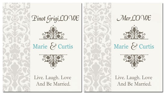 Wine labels for a wedding using the last name as a play on words for the name of the wine.