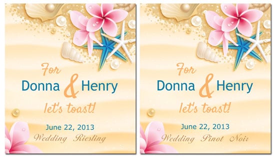Beach theme wedding wine labels with different wine names.