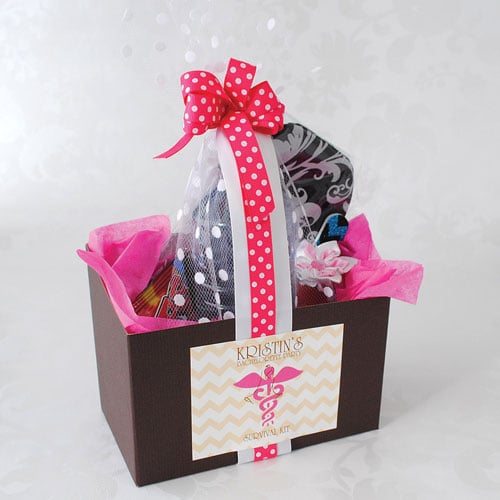 Assembled bachelorette party survival kit complete with ribbon and personalized label.