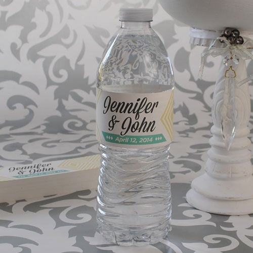 DIY wedding favor; water bottle label with a custom design submitted by the bride and groom.