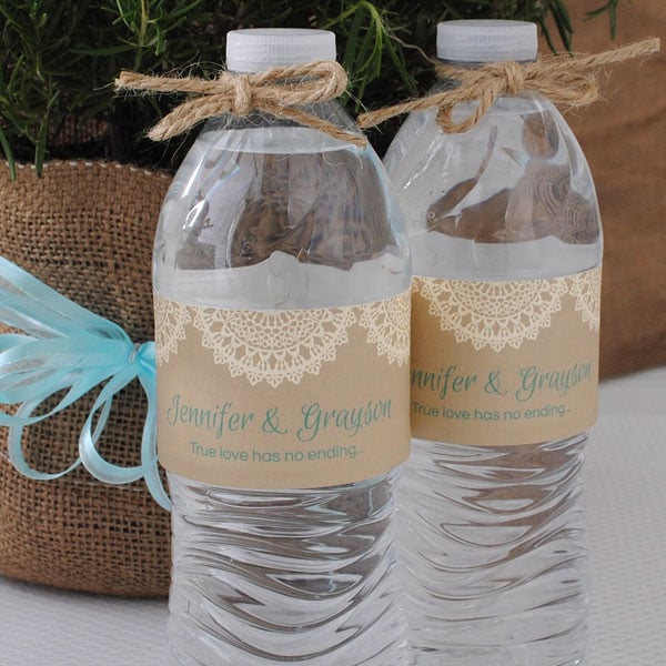 Burlap and Lace wedding water bottle labels.