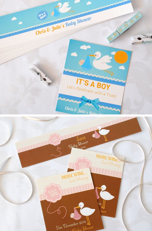 Stork theme baby shower labels.