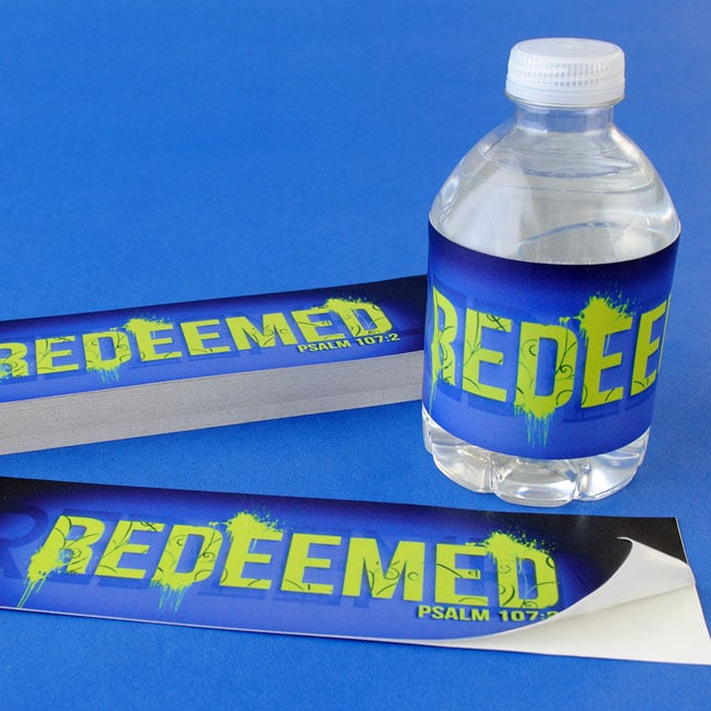 Church water bottle labels with adhesive backing.