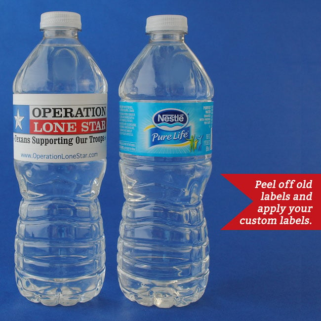 Bottled water with old label replaced with a new water bottle label