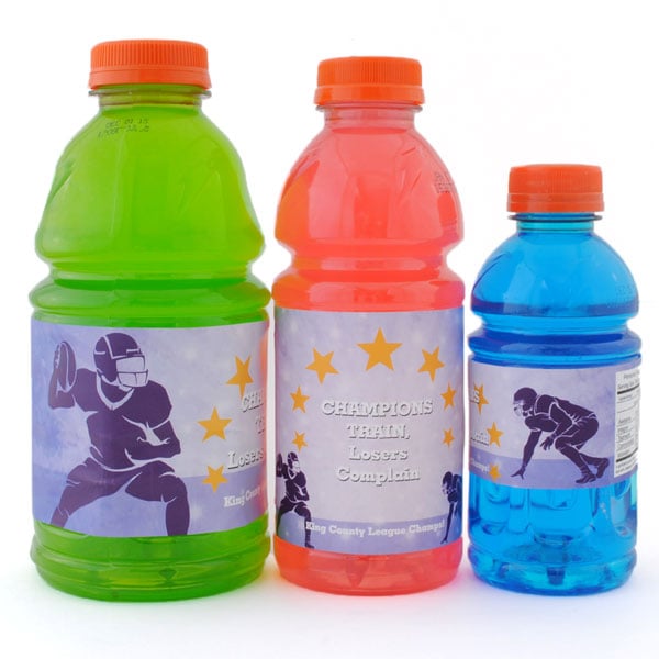 Sports drink bottles with custom labels in three bottle sizes