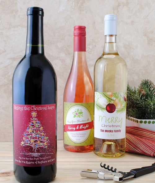 Bottles of wine with holiday labels