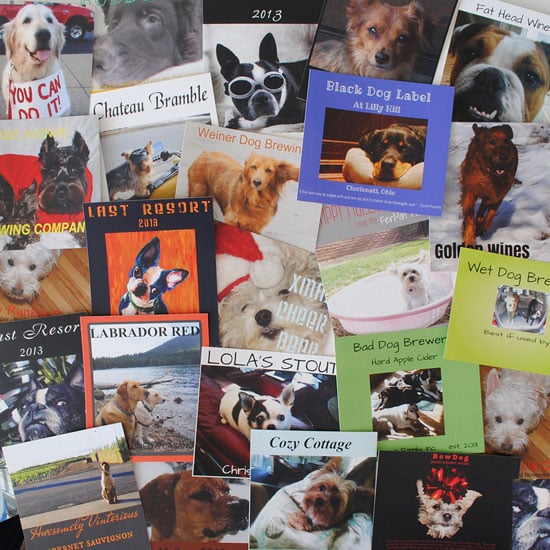 A collage of custom labels made with dog photos. These are actual customer created designs.