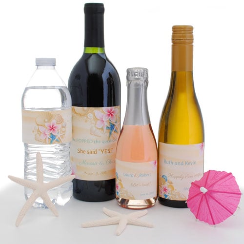 Beach wedding favor examples: water bottle labels, winelabels, mini wine labels and mini Champagne labels.
