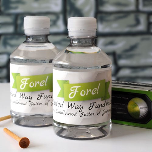 Water bottle labels for a United Way Golf Fundraiser that say FORE!