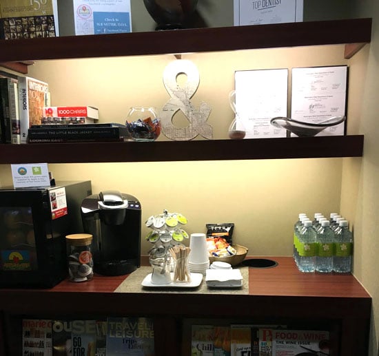 Branded bottled water in a reception area 