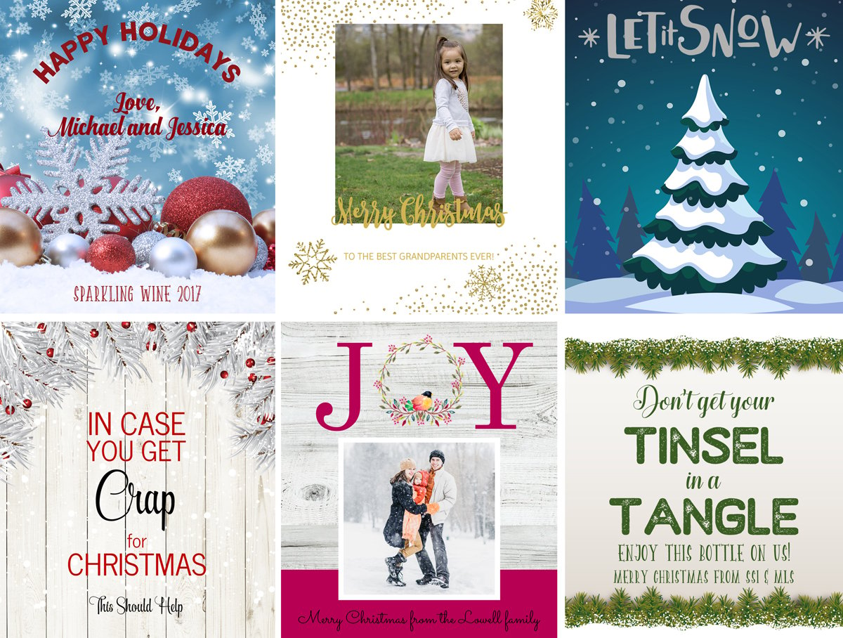 Christmas wine labels; customize online for holiday wine gifts. Make photo wine labels, funny wine labels, or use your wine label as a holiday greeting card.
