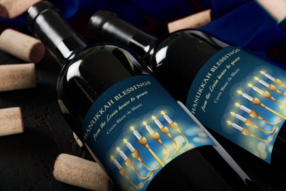 Hanukkah wine labels. Make your own or personalize a template for unique gift ideas.