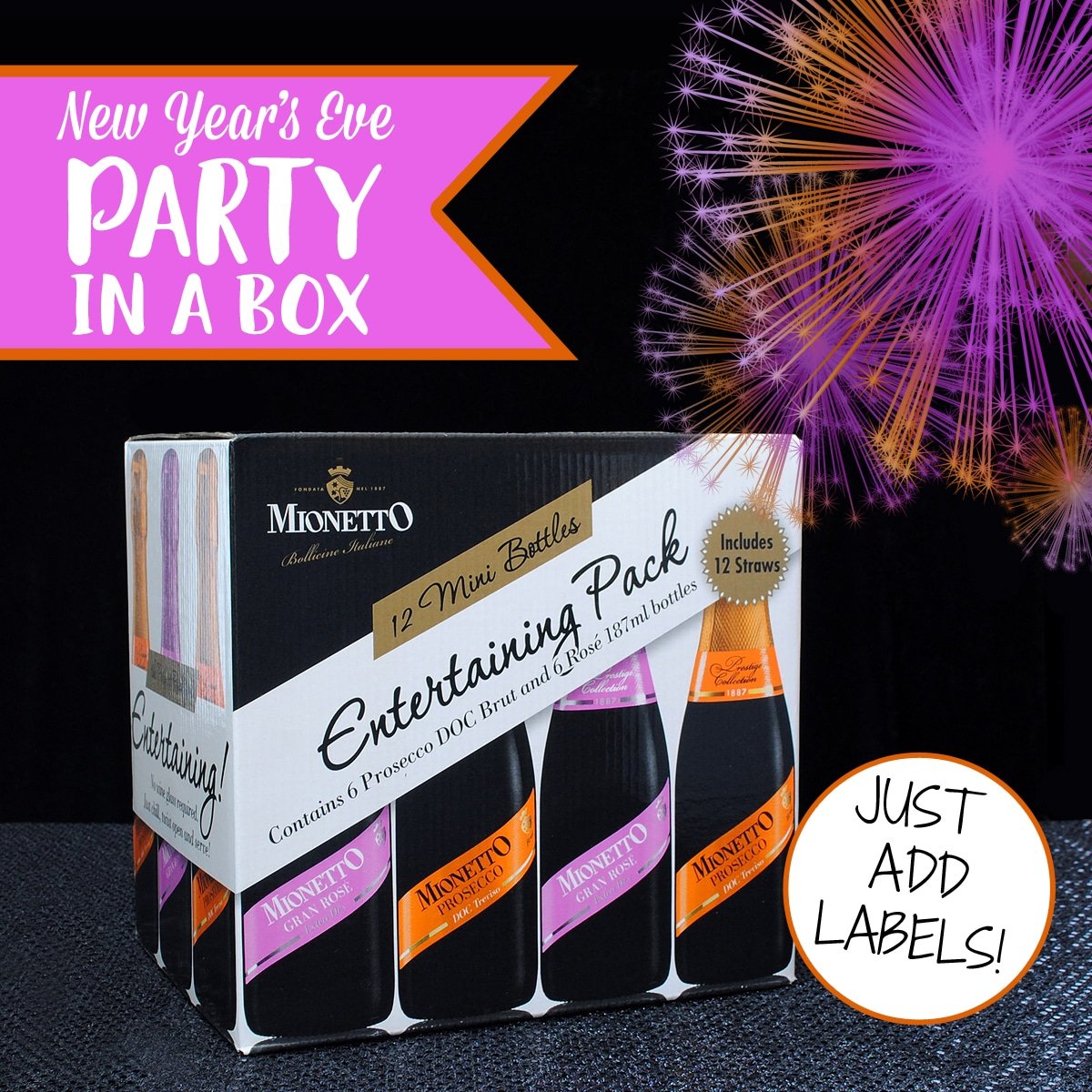 Party in a box mini Champagne bottles. Just add your personalized mini Champagne label.