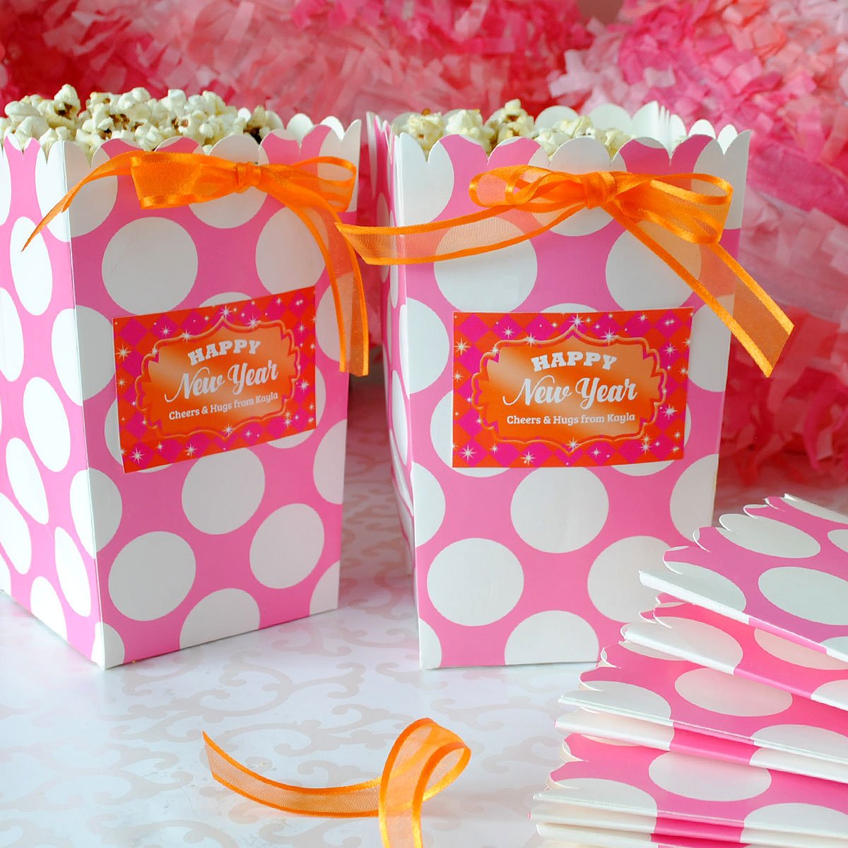 Custom party favor labels for popcorn boxes