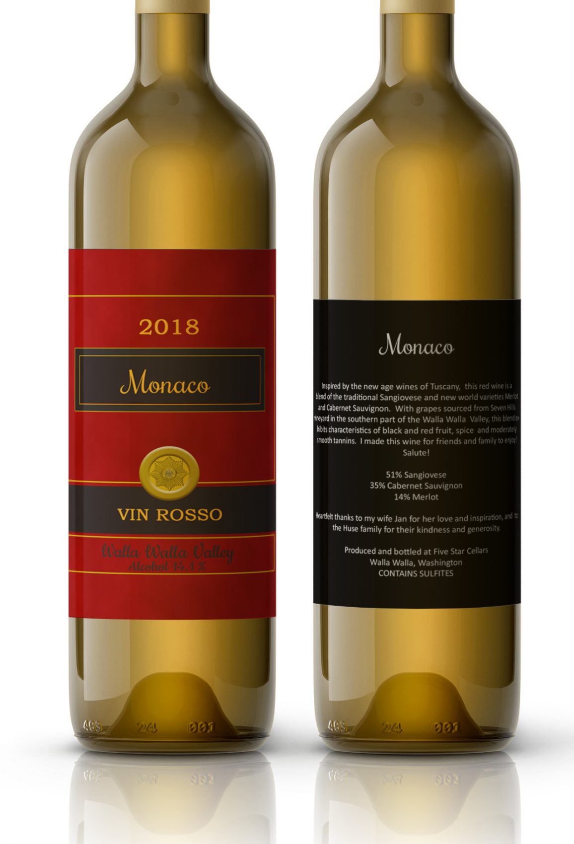 Custom wine labels; front and back labels on a 750 ml wine bottle.