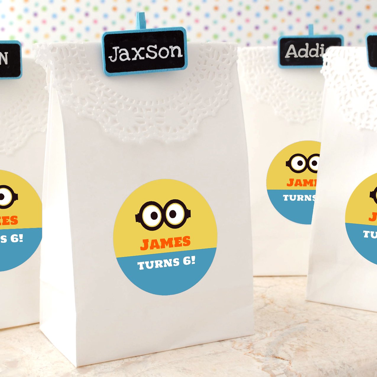 Minion circle stickers for party favors. How to make your own using your artwork.