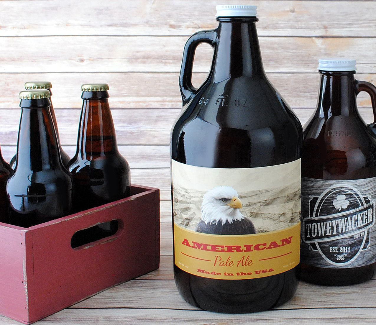 Custom growler labels available in multiple sizes for 64 oz an 32 oz beer bottles.