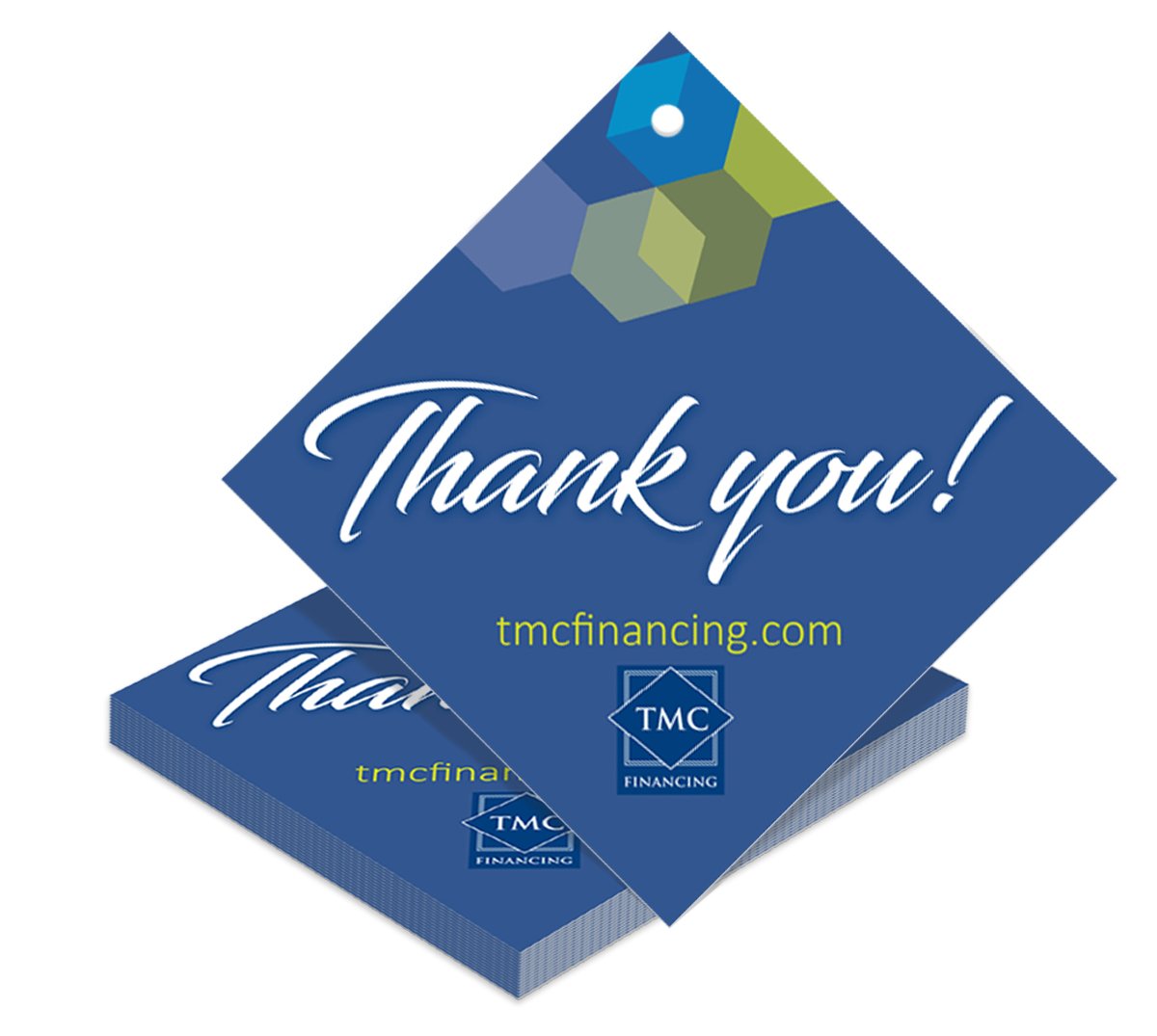Custom hang tag with a message of thanks. Branded hang tags make perfect sense for promotional items.