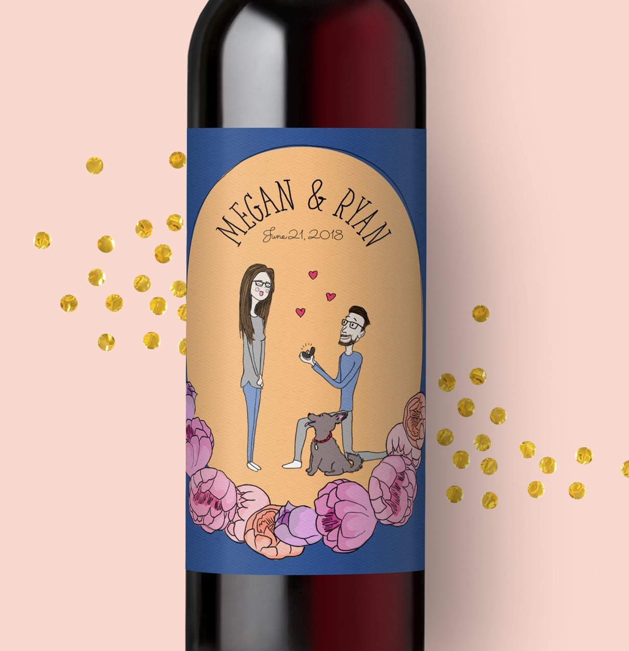 Unique wedding favor; a wine label made with a caricature wedding couple.