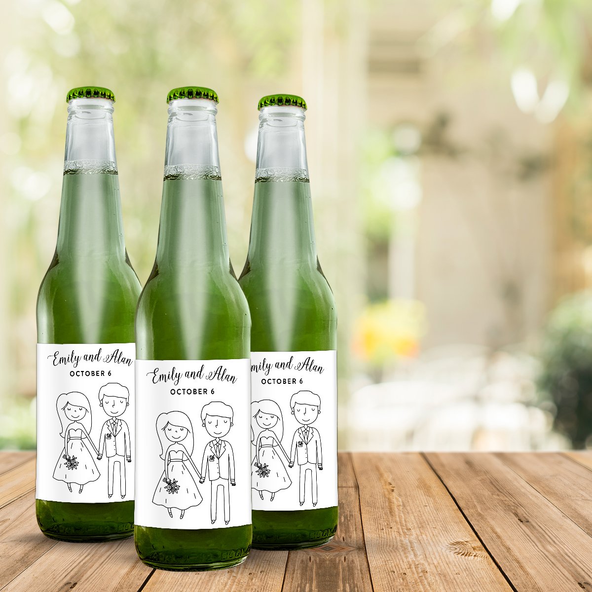 Cartoon wedding couple on soda labels make great wedding favors.