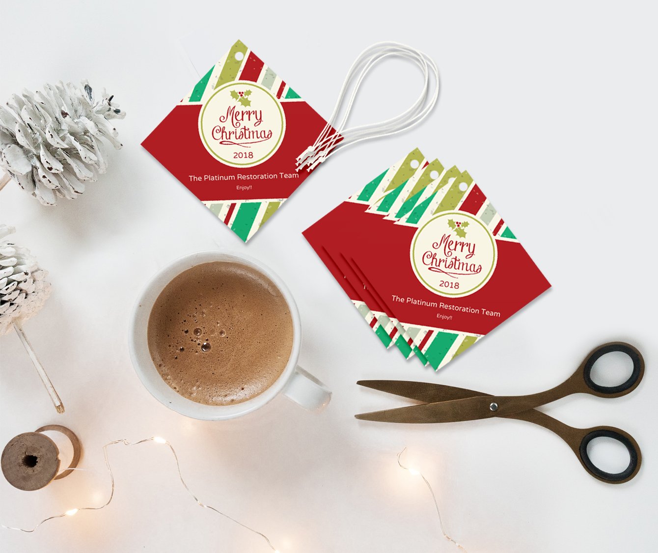 Custom hang tags with elastic loops. Design online and order as few as ten.