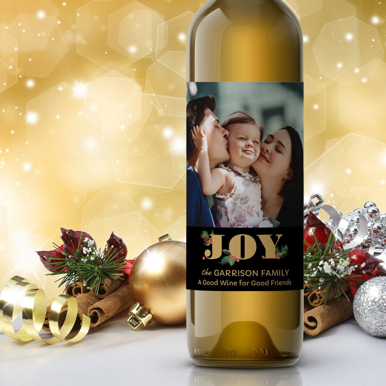 Custom Christmas wine labels with your Christmas photo. Make your own online.