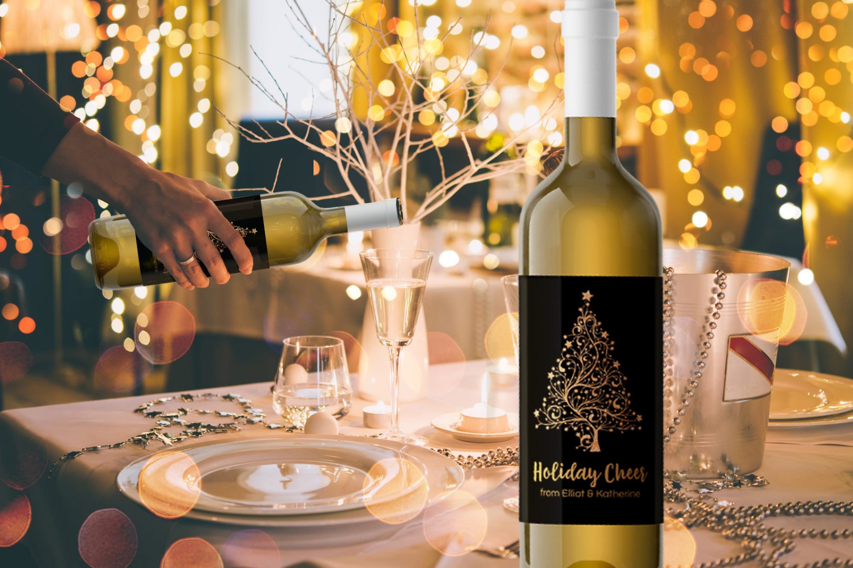 Christmas tree wine labels. Make your own holiday wine labels with your message and a Christmas tree.