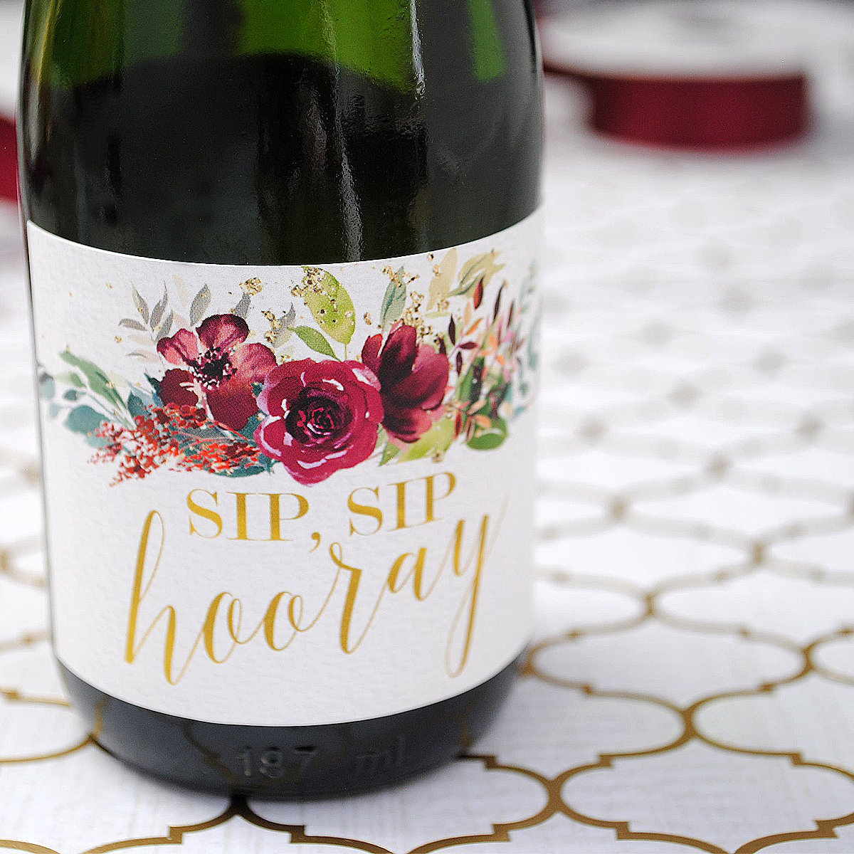 Custom mini Champagne labels with SIP SIP HOORAY design