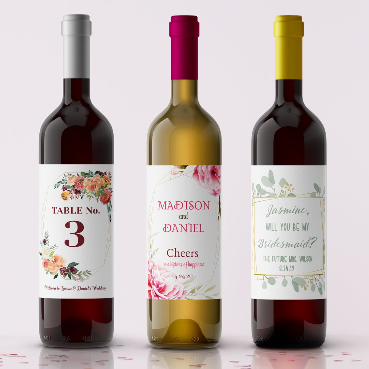 Geometric theme wine labels for weddings and other events
