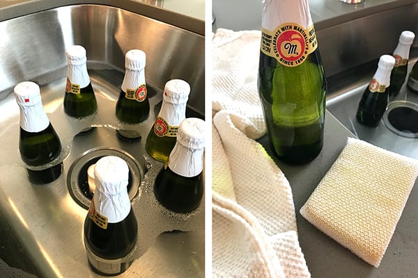 How to soak labels off mini sparkling cider bottles.