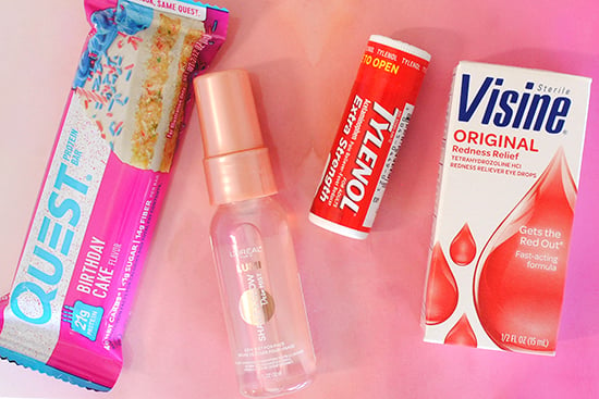 Important items to add to your hangover recovery kit; protein bar, face mist, Tylenol, and Visine.