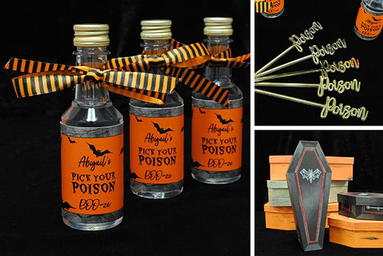 Collage of items to make an adult Halloween favor. Mini liquor bottles customized with Pick Your Poison labels.