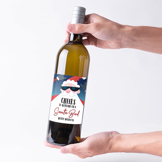 Photo showing a funny holiday wine label for gift giving.