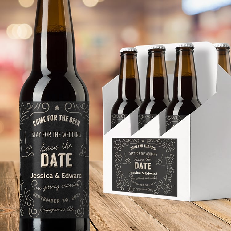 Save-the-date personalized beer labels. Give these bottles of beer for a unique way to save-the-date.