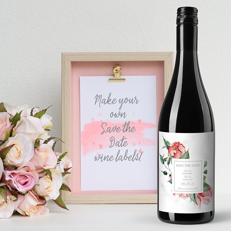 Make your own save-the-date wine bottle label online. Give bottles of wine instead of postcards for unique save the dates.