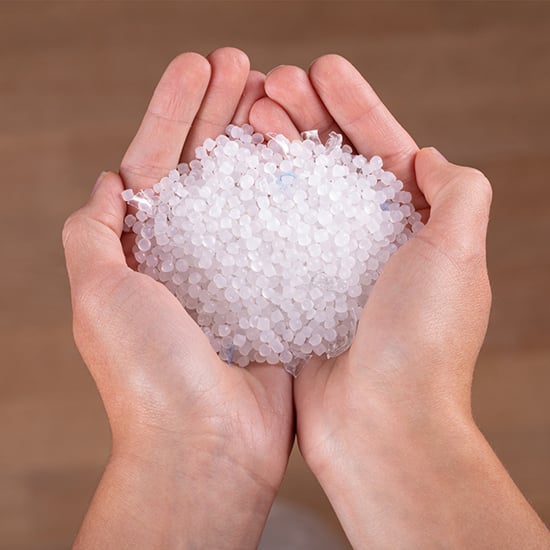 Recycled plastic pellets for use in making water bottles. Keeping the recycling loop closed and helping the environment.