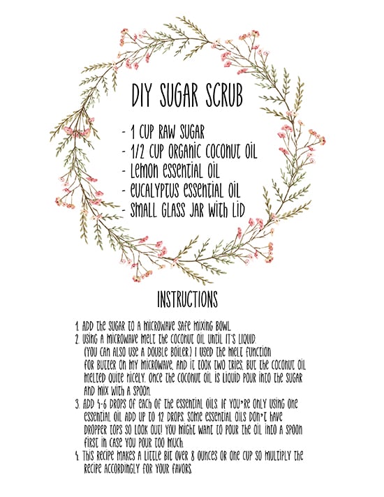 Recipe for DIY Sugar Scrub, all organic and natural ingredients.
