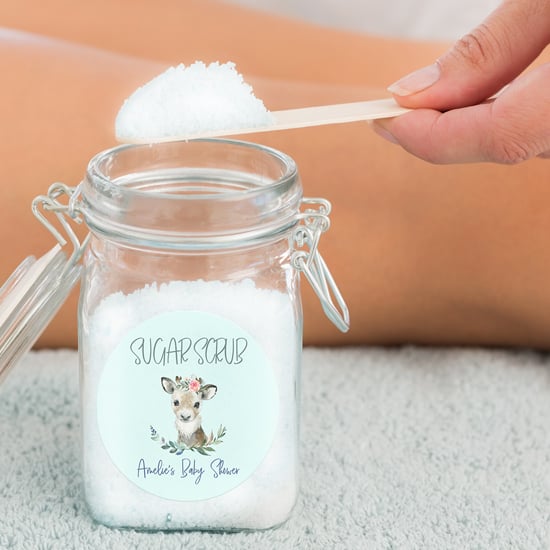 Baby shower favors - DIY sugar scrub. Create a personalized sticker online to make favors.