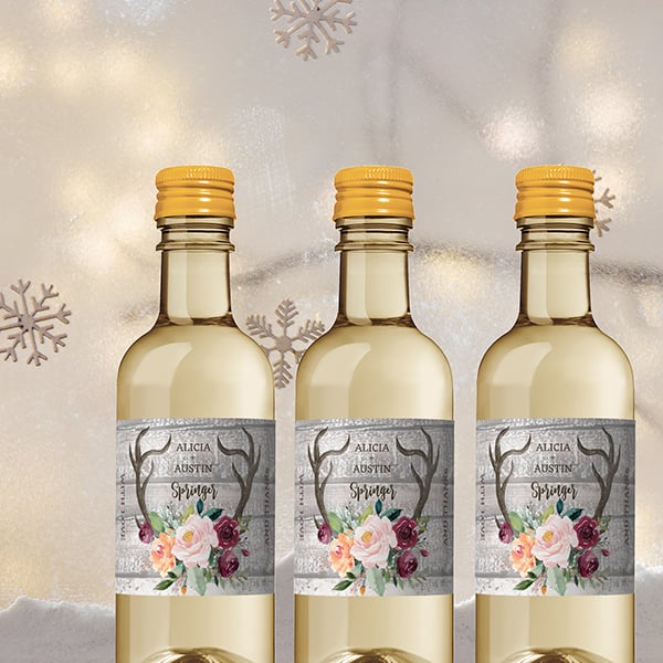 Winter Wedding Favor Inspiration - Five Fabulous, Fast Ideas from Bottle Your Brand. Personalized wedding mini wine labels.