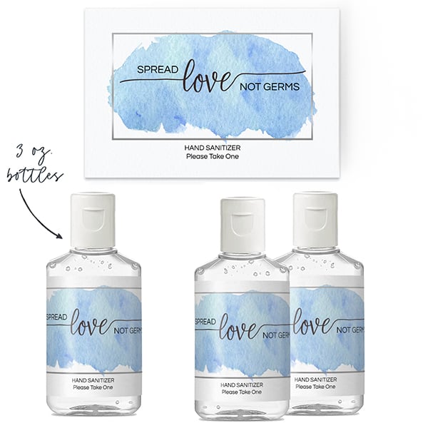"Spread love not germs" hand gel sticker. Make your own design or edit this one for wedding party favors.