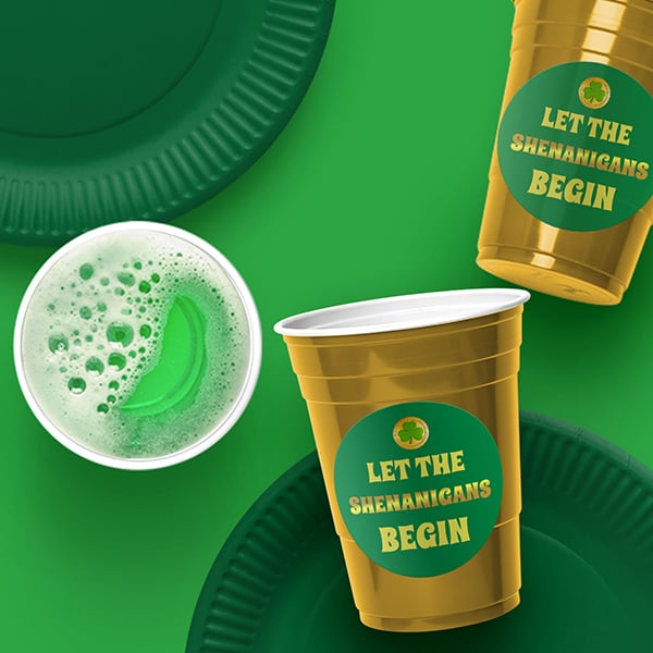Funny saying for celebrating St. Patrick's day, "Let the shenanigans begin." Perfect party decorations for cups and favors.