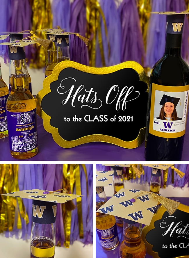 Graduation Party Theme - "Hats Off to the Class of 2021". DIY bottle toppers with your graduate's school logo. Make these party decorations with minimal fuss.