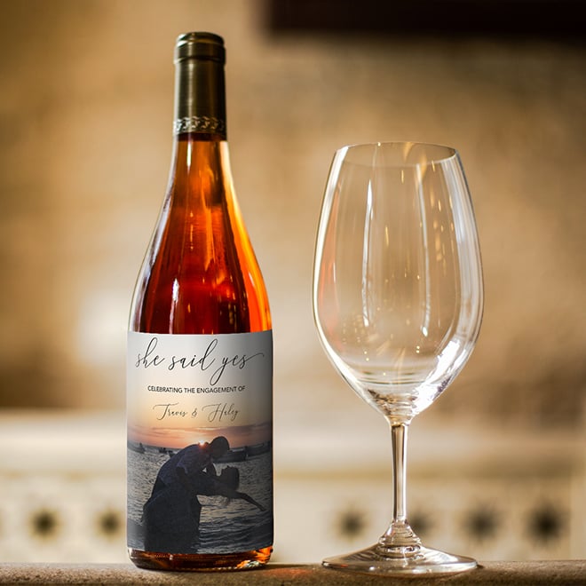 Engagment photo wine label on a bottle of Rosé.