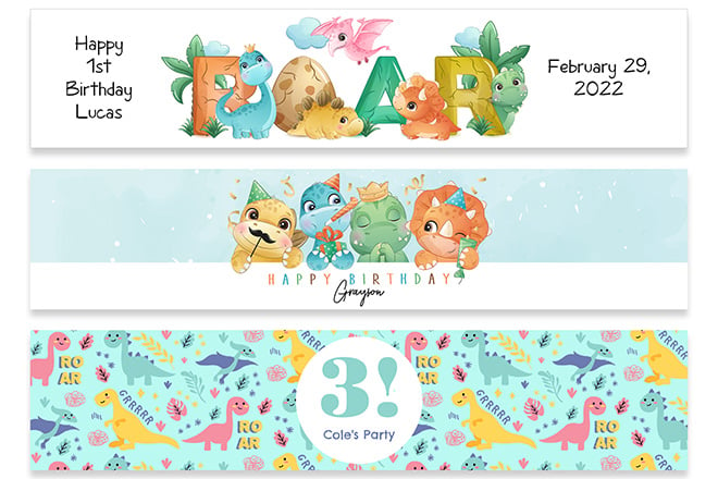 Water bottle labels with dinosaurs on them for dinosaur birthday parties.