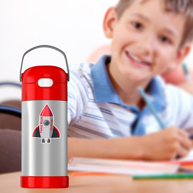 Rocket shaped name stickers for kids stuff. Make your own shaped stickers online. Red and gray rocket sticker.