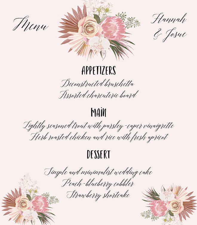 This wine label menu for a wedding was adapted from a standard wine label template. The text was changed and the flowers arranged to fit a menu.