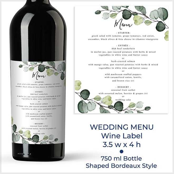 An idea for a wedding wine label menu in a standard size 3.5 inches wide by 4 inches high. Add your design or make your own from a template.