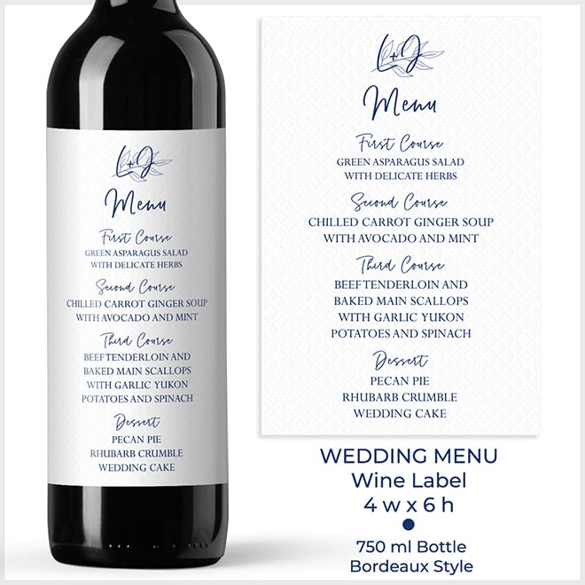 A wine label menu uploaded from a wedding set. This menu label is 4 inches wide by 6 inches high.