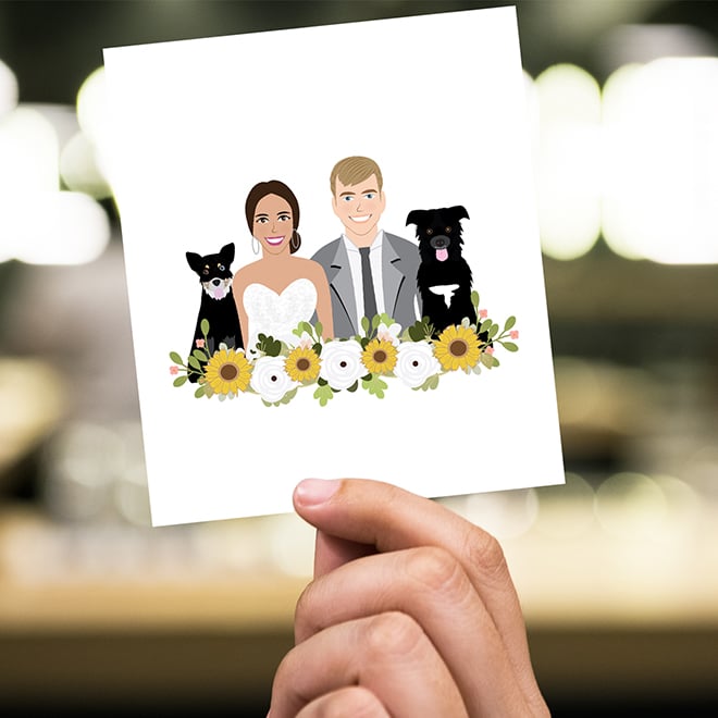 Caricature of a bride and groom with their pets on a wine label for wedding favors that include your pet.